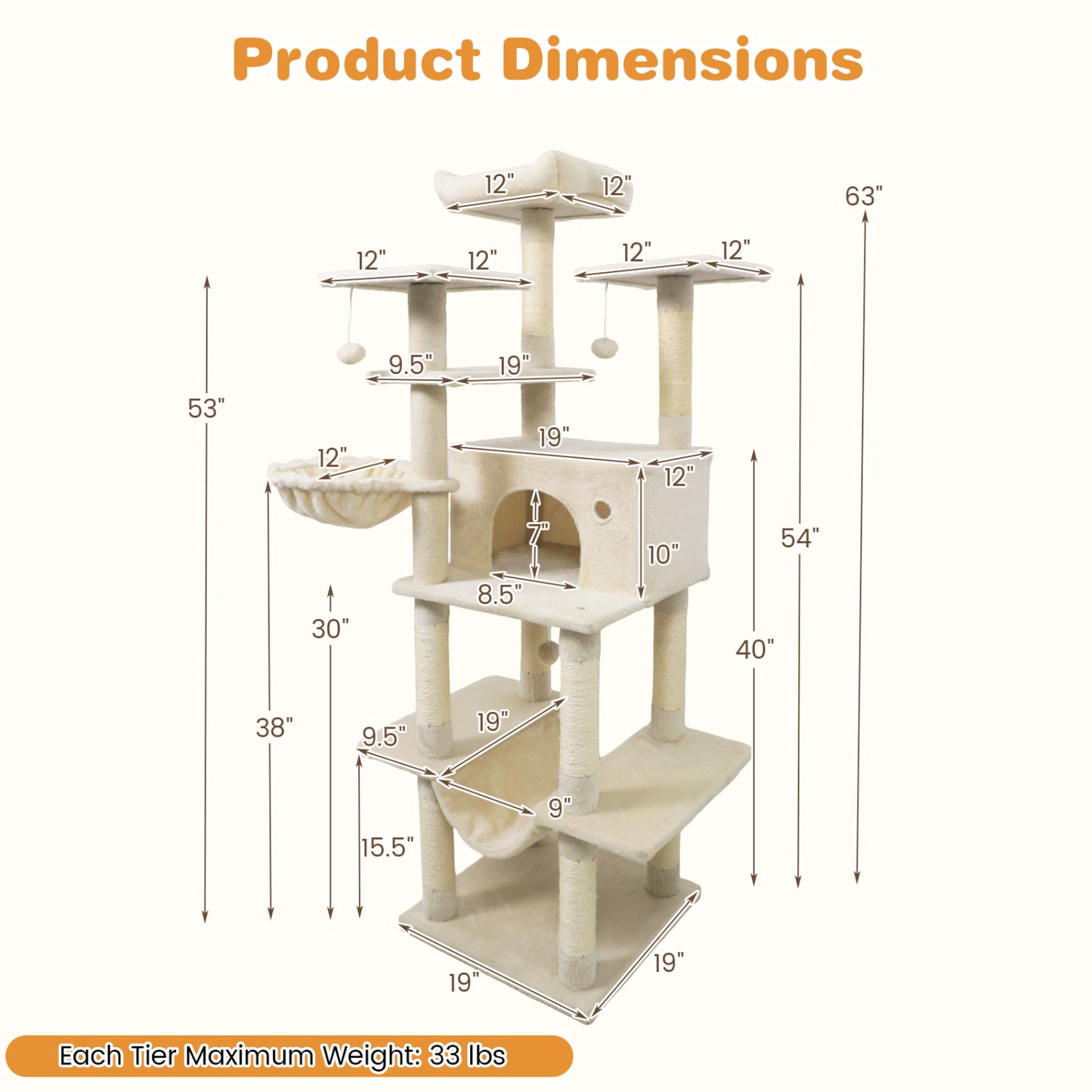 Large Cat Tree for Indoor Cats 63" Tall Cat Tower, Beige Cat Trees Condos & Scratchers at Gallery Canada
