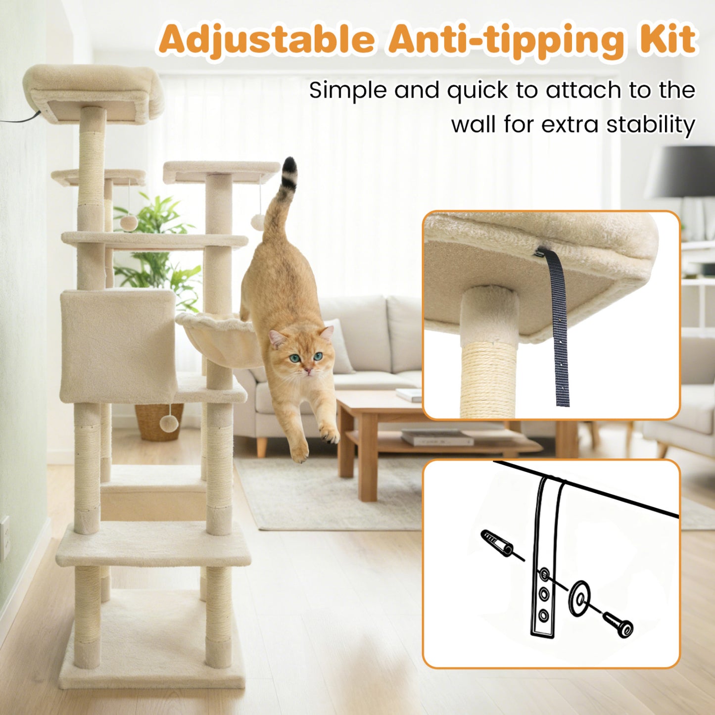 Large Cat Tree for Indoor Cats 63" Tall Cat Tower, Beige Cat Trees Condos & Scratchers at Gallery Canada