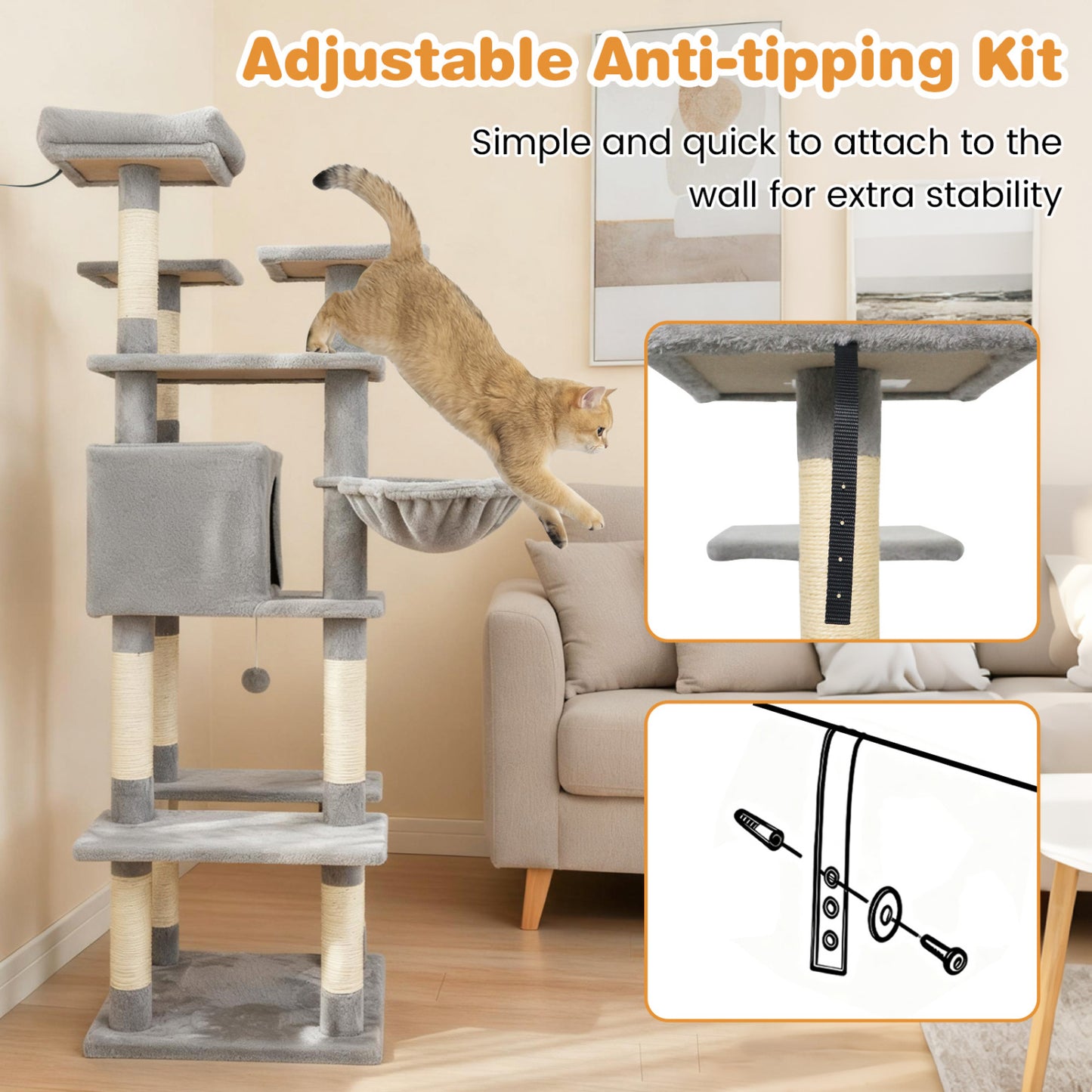 Large Cat Tree for Indoor Cats 63" Tall Cat Tower-Lght Gray, Light Gray Cat Trees Condos & Scratchers at Gallery Canada