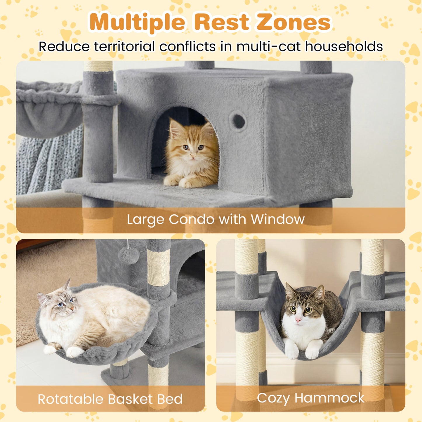 Large Cat Tree for Indoor Cats 63" Tall Cat Tower-Lght Gray, Light Gray Cat Trees Condos & Scratchers at Gallery Canada