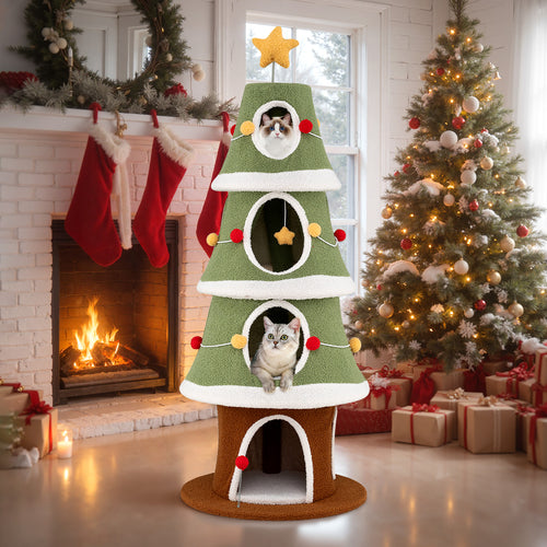 Large Christmas Cat Tree for Indoor Cats 61 Inch Cute Cat Tower with 4 Condos, Green