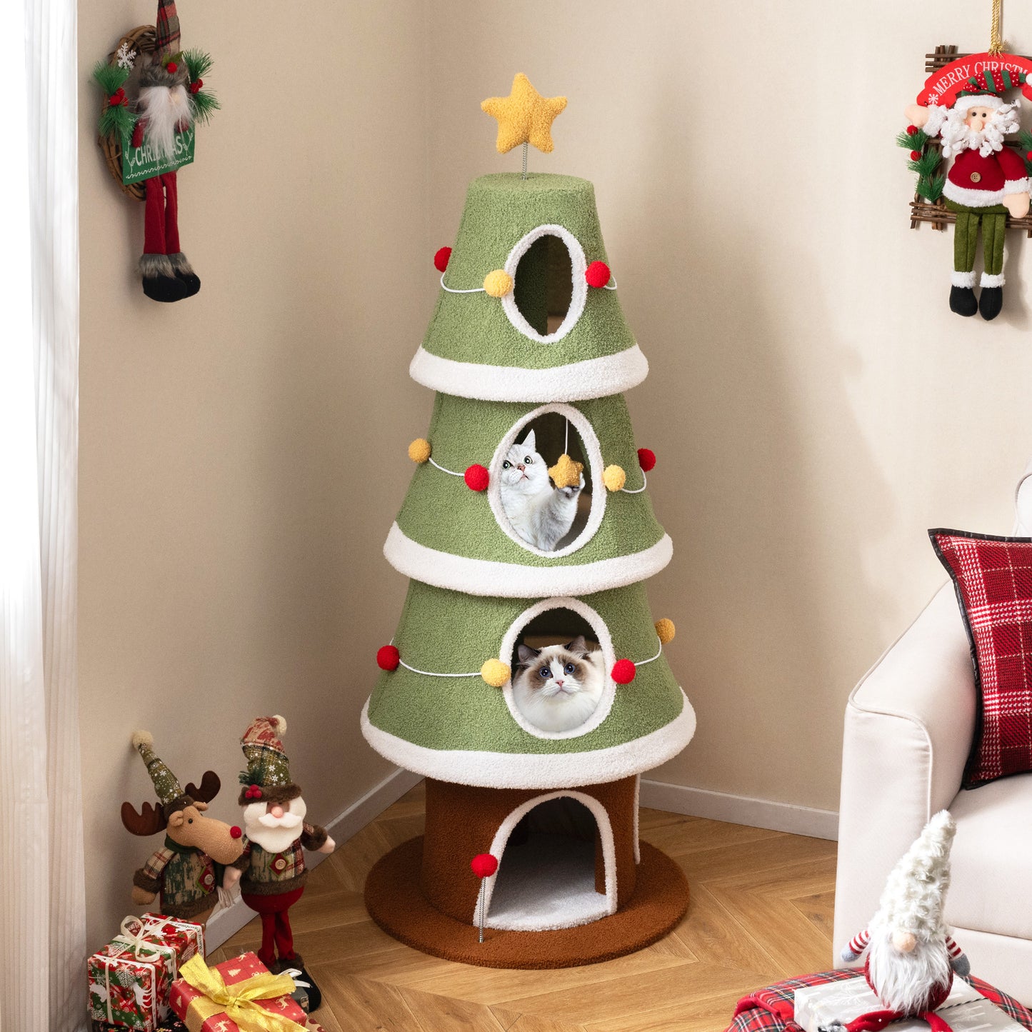 Large Christmas Cat Tree for Indoor Cats 61 Inch Cute Cat Tower with 4 Condos, Green Cat Trees Condos & Scratchers at Gallery Canada