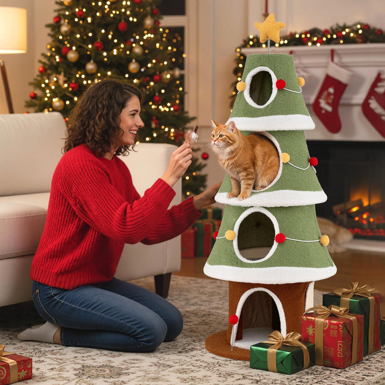 Large Christmas Cat Tree for Indoor Cats 61 Inch Cute Cat Tower with 4 Condos, Green Cat Trees Condos & Scratchers at Gallery Canada