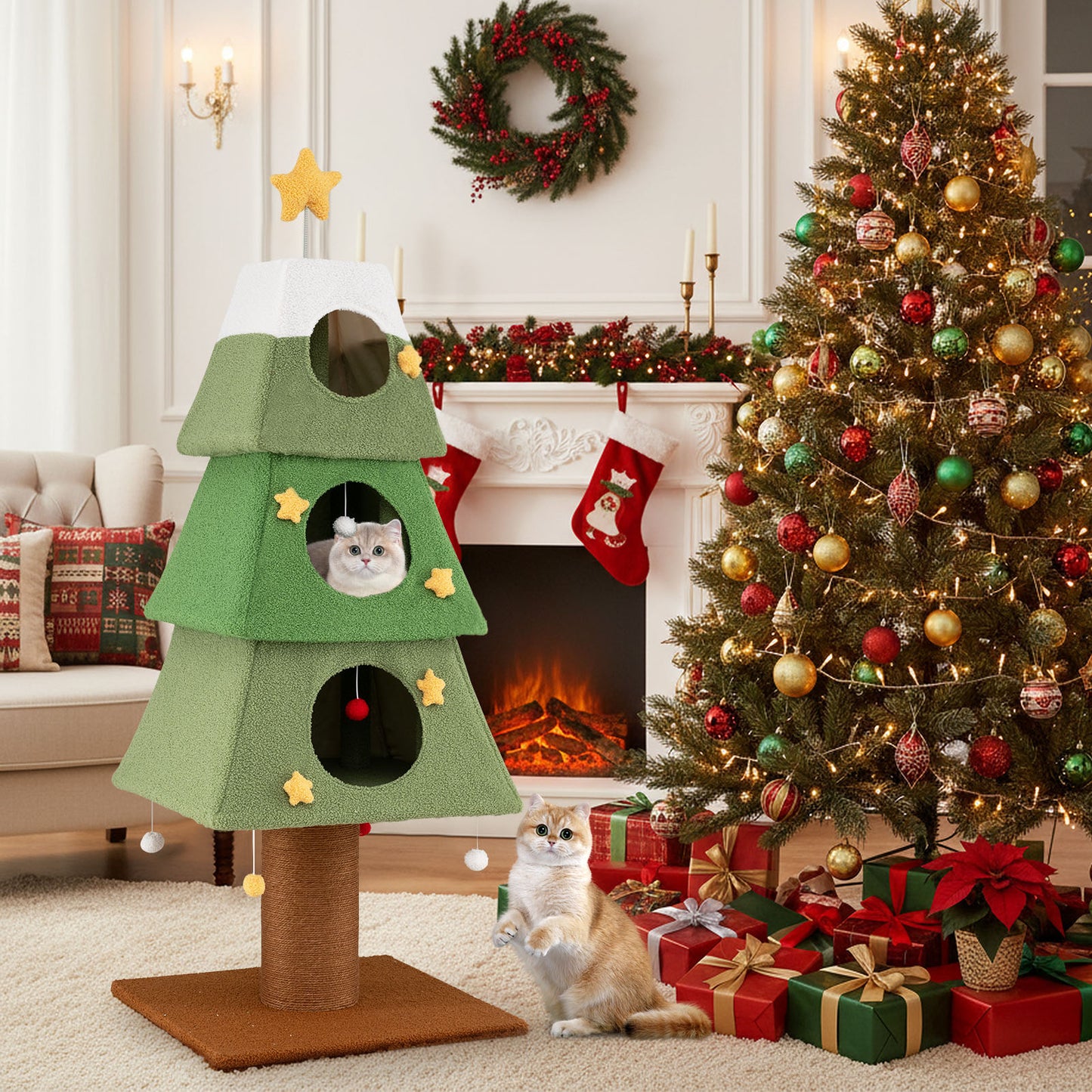 Large Christmas Cat Tree for Indoor Cats 64" Cute Cat Tower with 3 Condos, Green Cat Trees Condos & Scratchers at Gallery Canada