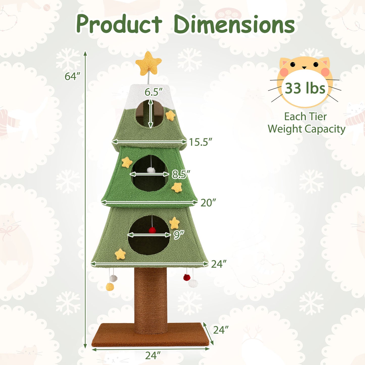 Large Christmas Cat Tree for Indoor Cats 64" Cute Cat Tower with 3 Condos, Green Cat Trees Condos & Scratchers at Gallery Canada