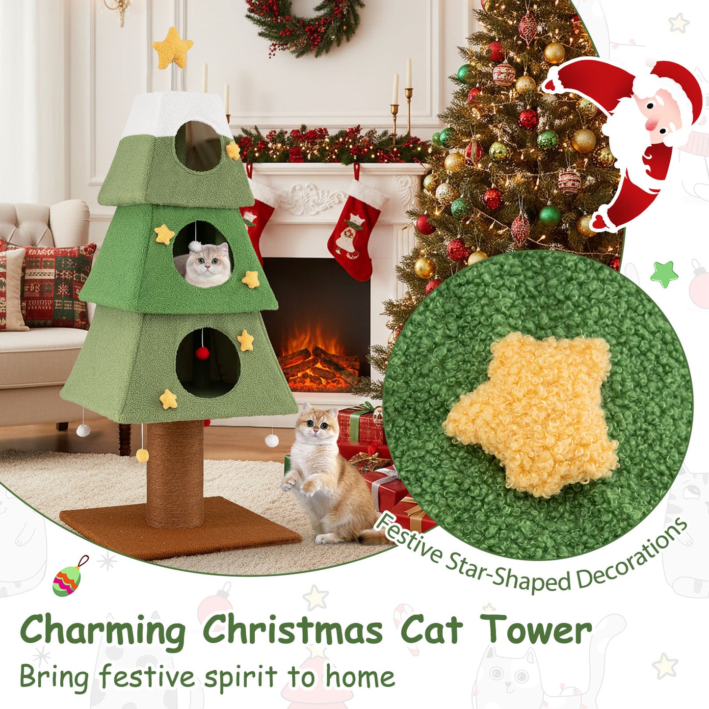 Large Christmas Cat Tree for Indoor Cats 64" Cute Cat Tower with 3 Condos, Green Cat Trees Condos & Scratchers at Gallery Canada