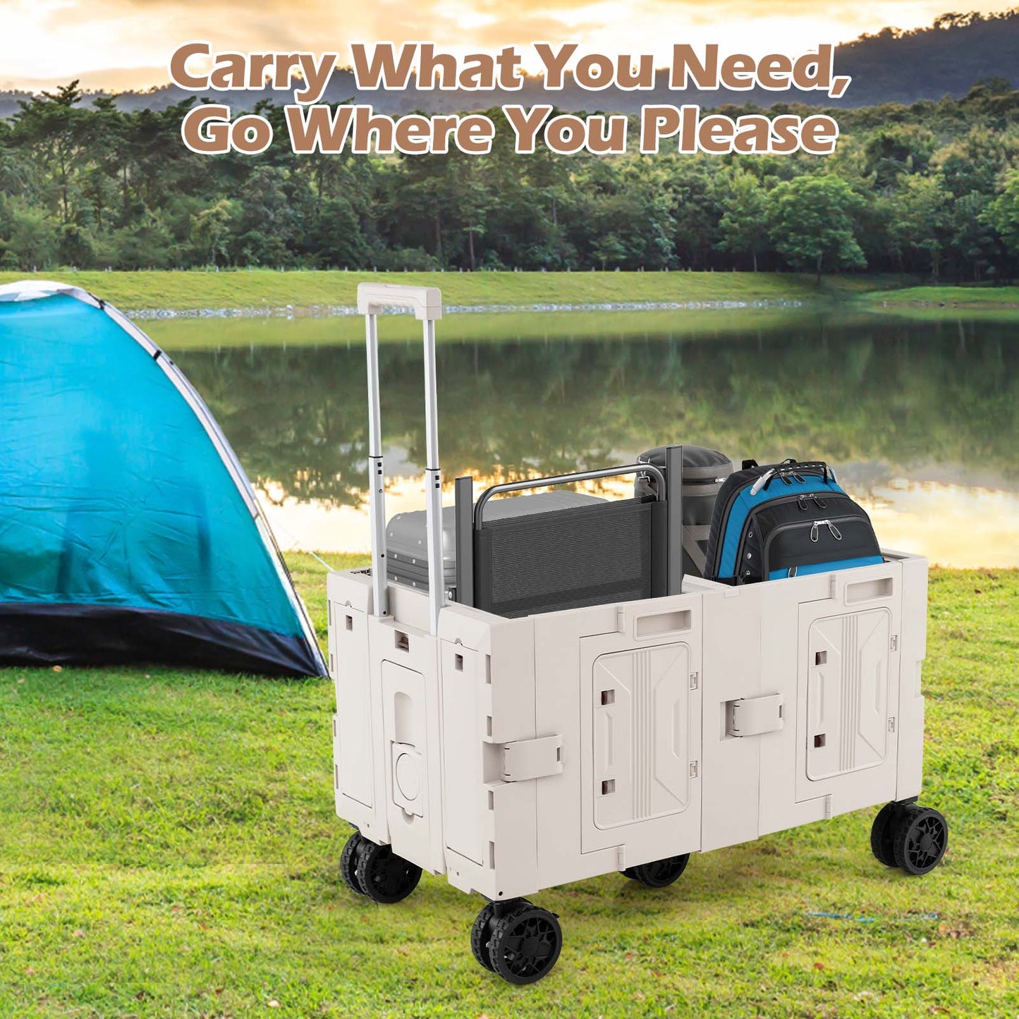 Large Foldable Utility Cart, 2-Tier Storage Crates, Telescoping Handle, White Camping Furniture at Gallery Canada