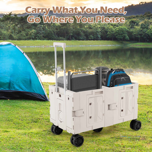 Large Foldable Utility Cart, 2-Tier Storage Crates, Telescoping Handle, White