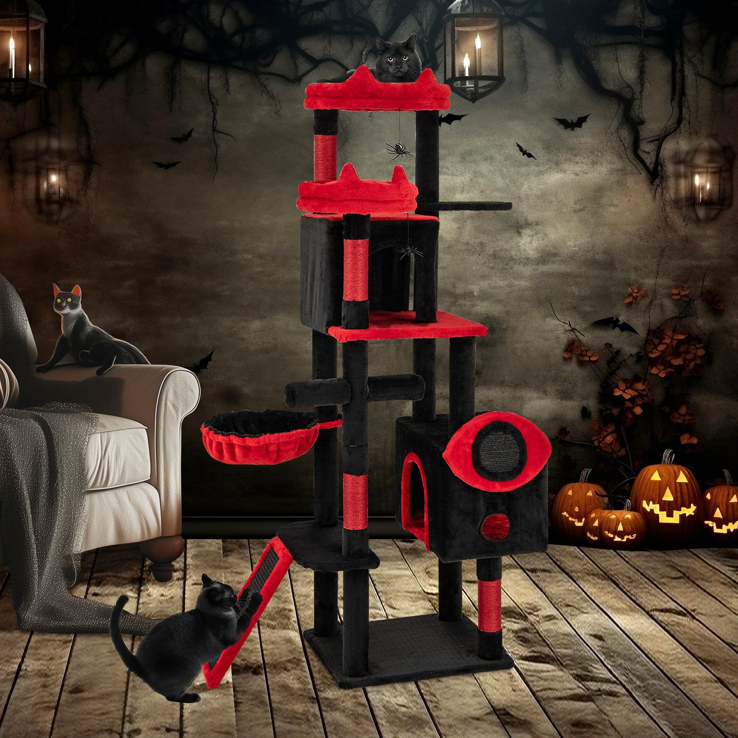 Large Gothic Cat Tree with Cat Condos and Plush Perches, Black & Red Cat Trees Condos & Scratchers at Gallery Canada
