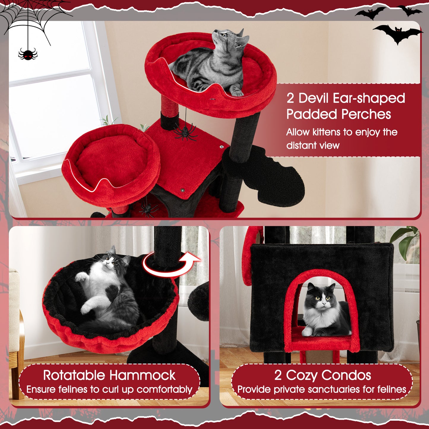 Large Gothic Cat Tree with Cat Condos and Plush Perches, Black & Red Cat Trees Condos & Scratchers at Gallery Canada