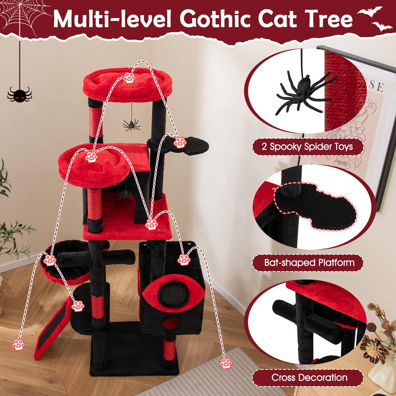 Large Gothic Cat Tree with Cat Condos and Plush Perches, Black & Red Cat Trees Condos & Scratchers at Gallery Canada