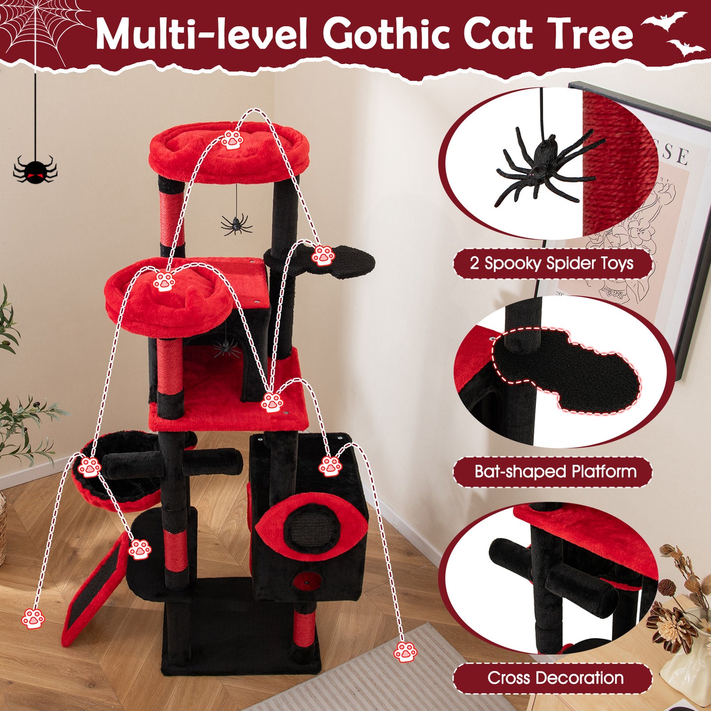 Large Gothic Cat Tree with Cat Condos and Plush Perches, Black & Red Cat Trees Condos & Scratchers at Gallery Canada