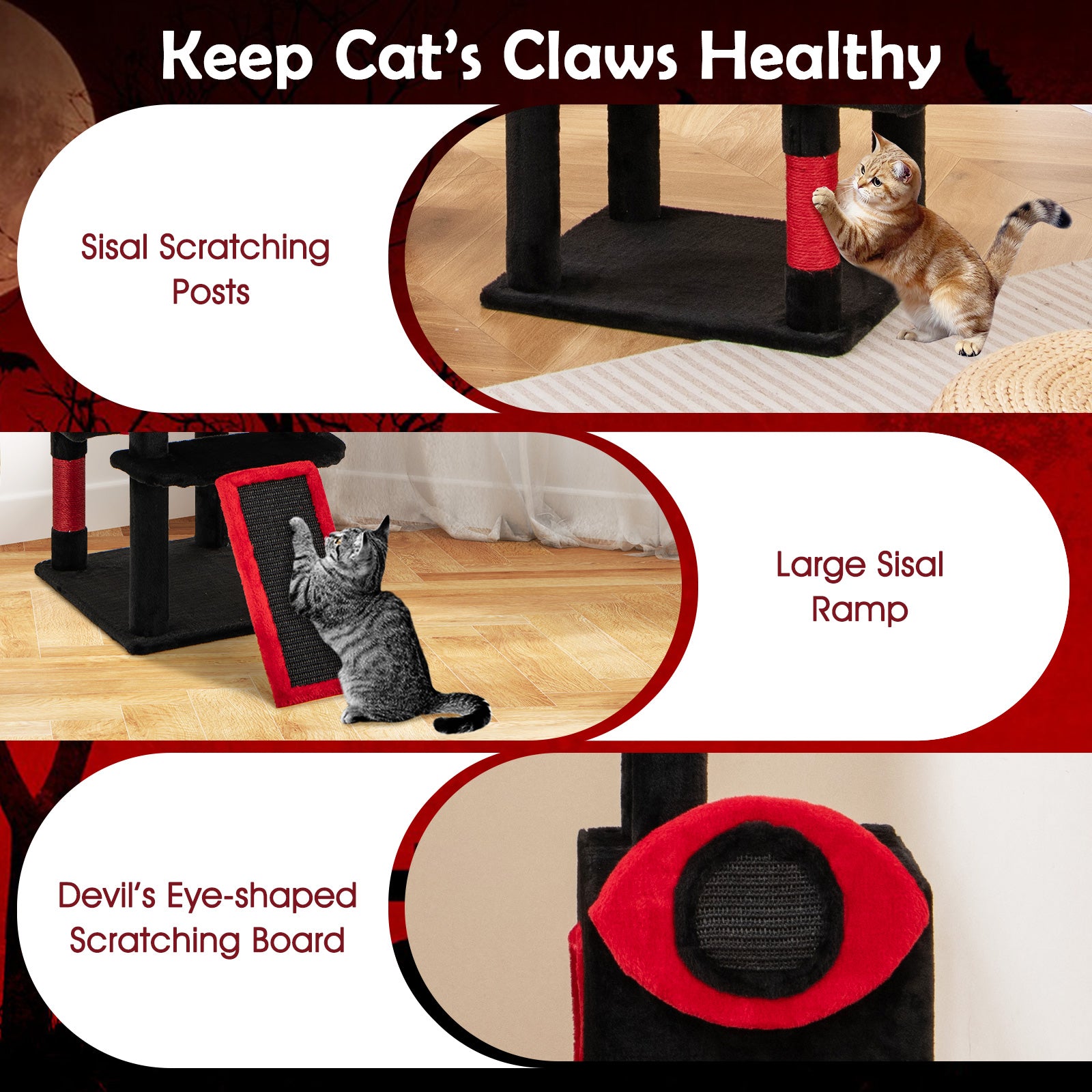 Large Gothic Cat Tree with Cat Condos and Plush Perches, Black & Red Cat Trees Condos & Scratchers at Gallery Canada