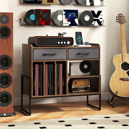Large Record Player Stand with Charging Station Mid Century Modern Vinyl Storage Cabinet, Rustic Brown