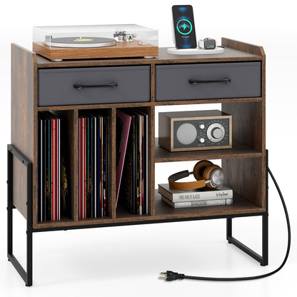 Large Record Player Stand with Charging Station Mid Century Modern Vinyl Storage Cabinet, Rustic Brown