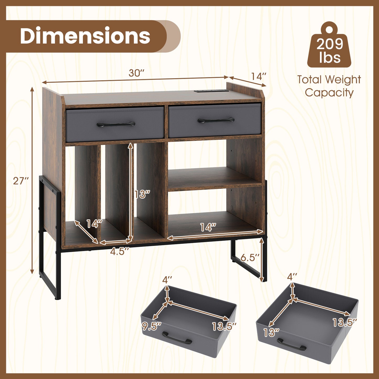 Large Record Player Stand with Charging Station Mid Century Modern Vinyl Storage Cabinet, Rustic Brown
