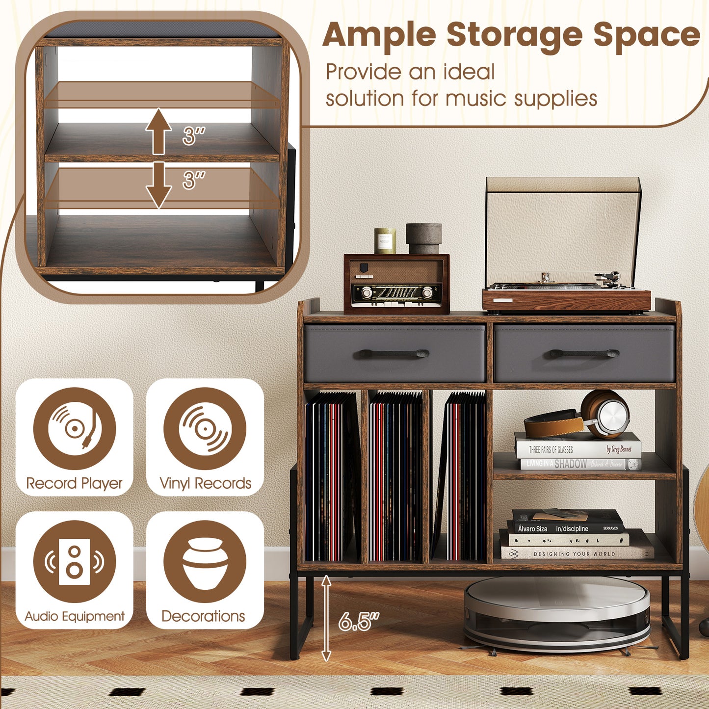 Large Record Player Stand with Charging Station Mid Century Modern Vinyl Storage Cabinet, Rustic Brown