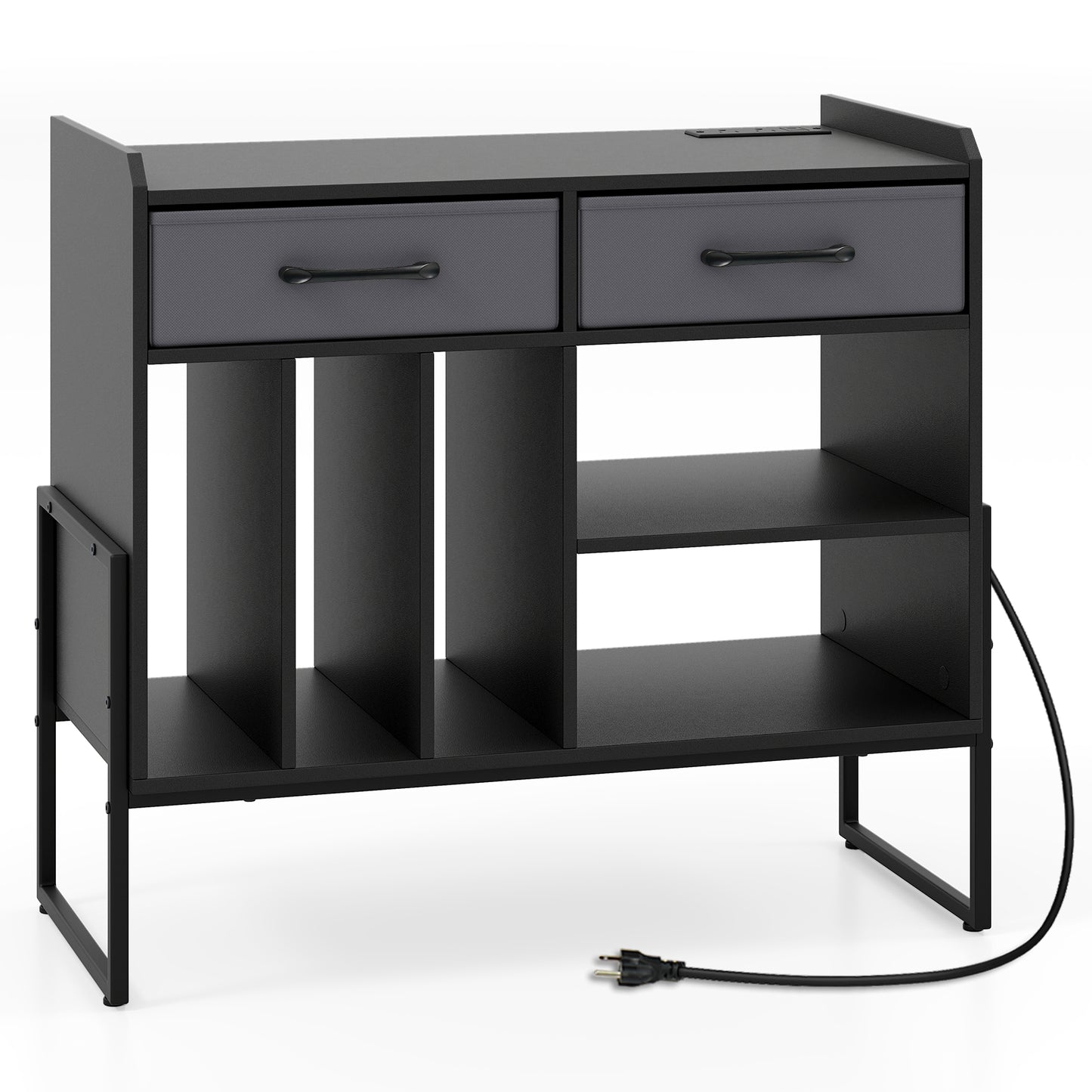 Large Record Player Stand with Charging Station Mid Century Modern Vinyl Storage Cabinet, Black