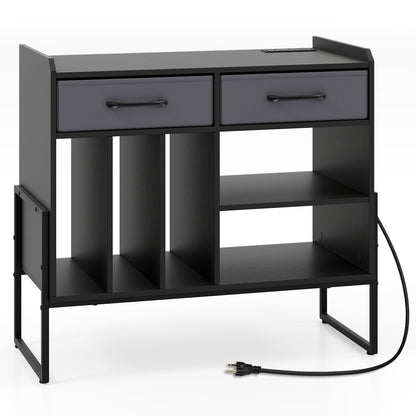 Large Record Player Stand with Charging Station Mid Century Modern Vinyl Storage Cabinet, Black