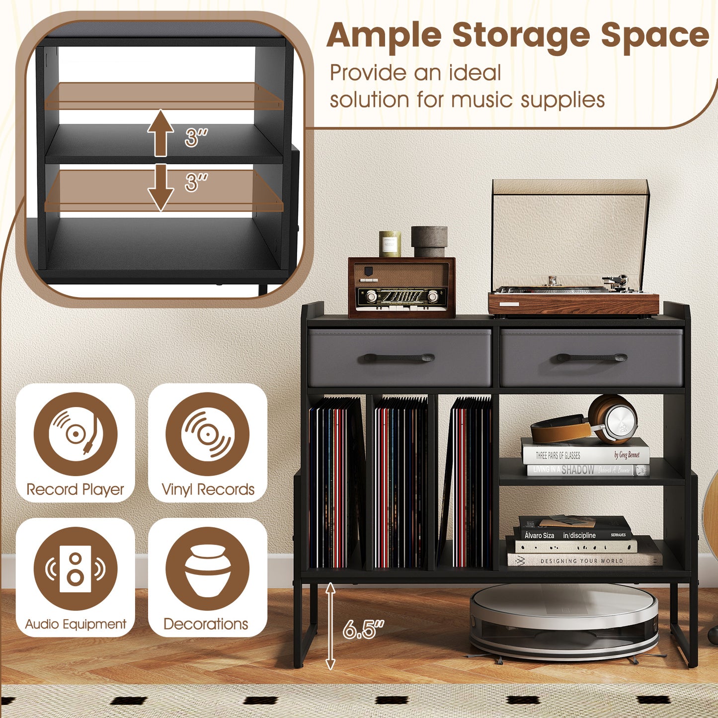 Large Record Player Stand with Charging Station Mid Century Modern Vinyl Storage Cabinet, Black