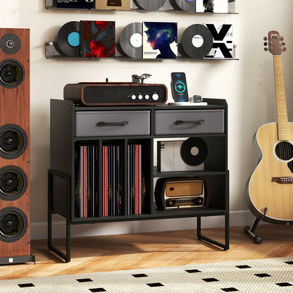 Large Record Player Stand with Charging Station Mid Century Modern Vinyl Storage Cabinet, Black