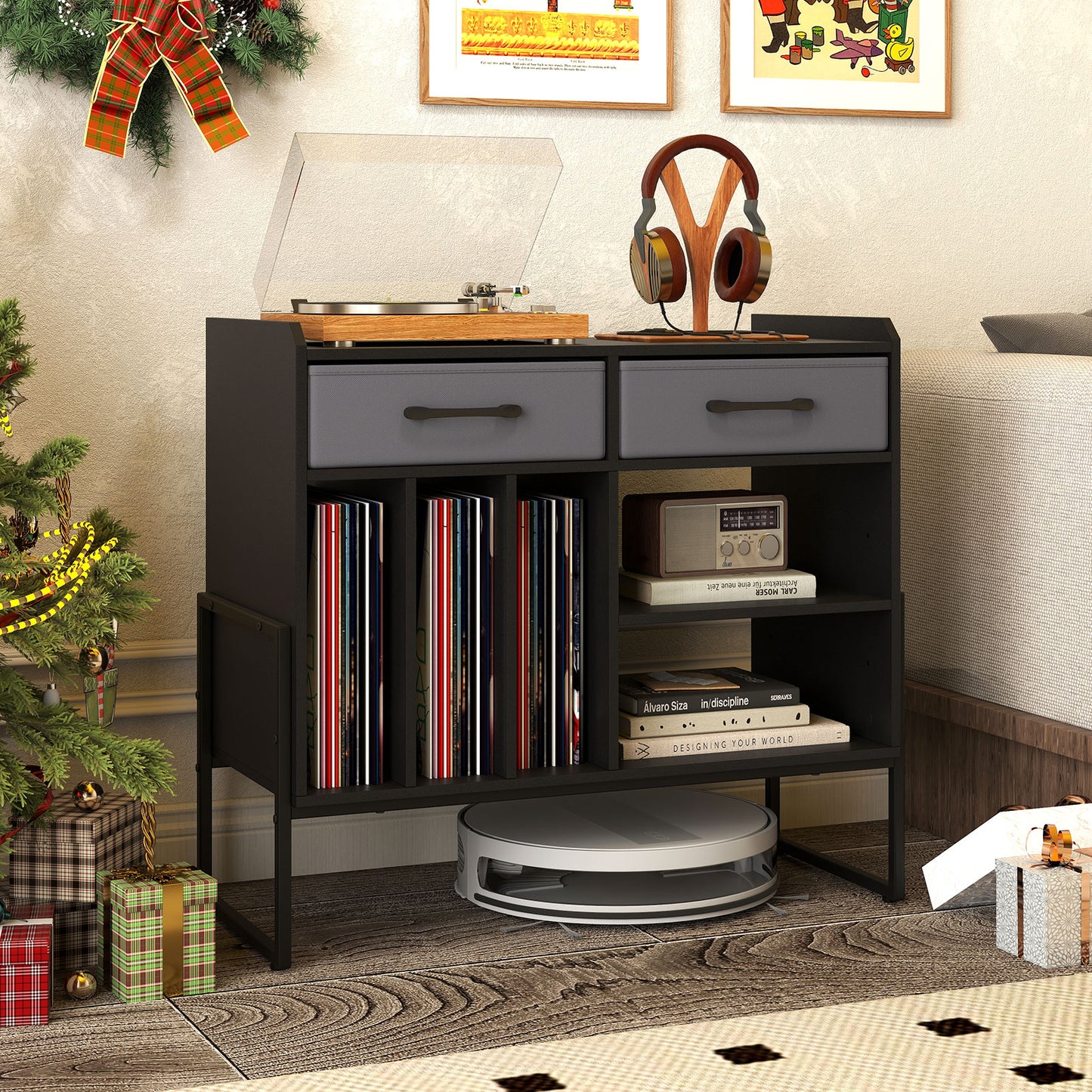 Large Record Player Stand with Charging Station Mid Century Modern Vinyl Storage Cabinet, Black