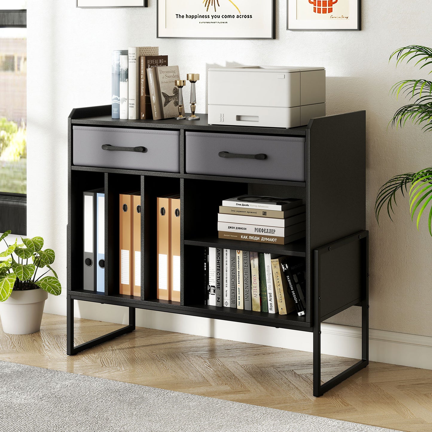 Large Record Player Stand with Charging Station Mid Century Modern Vinyl Storage Cabinet, Black