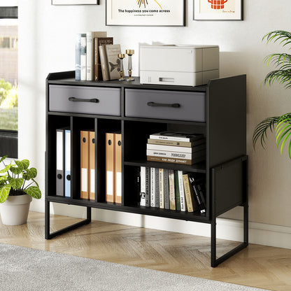 Large Record Player Stand with Charging Station Mid Century Modern Vinyl Storage Cabinet, Black
