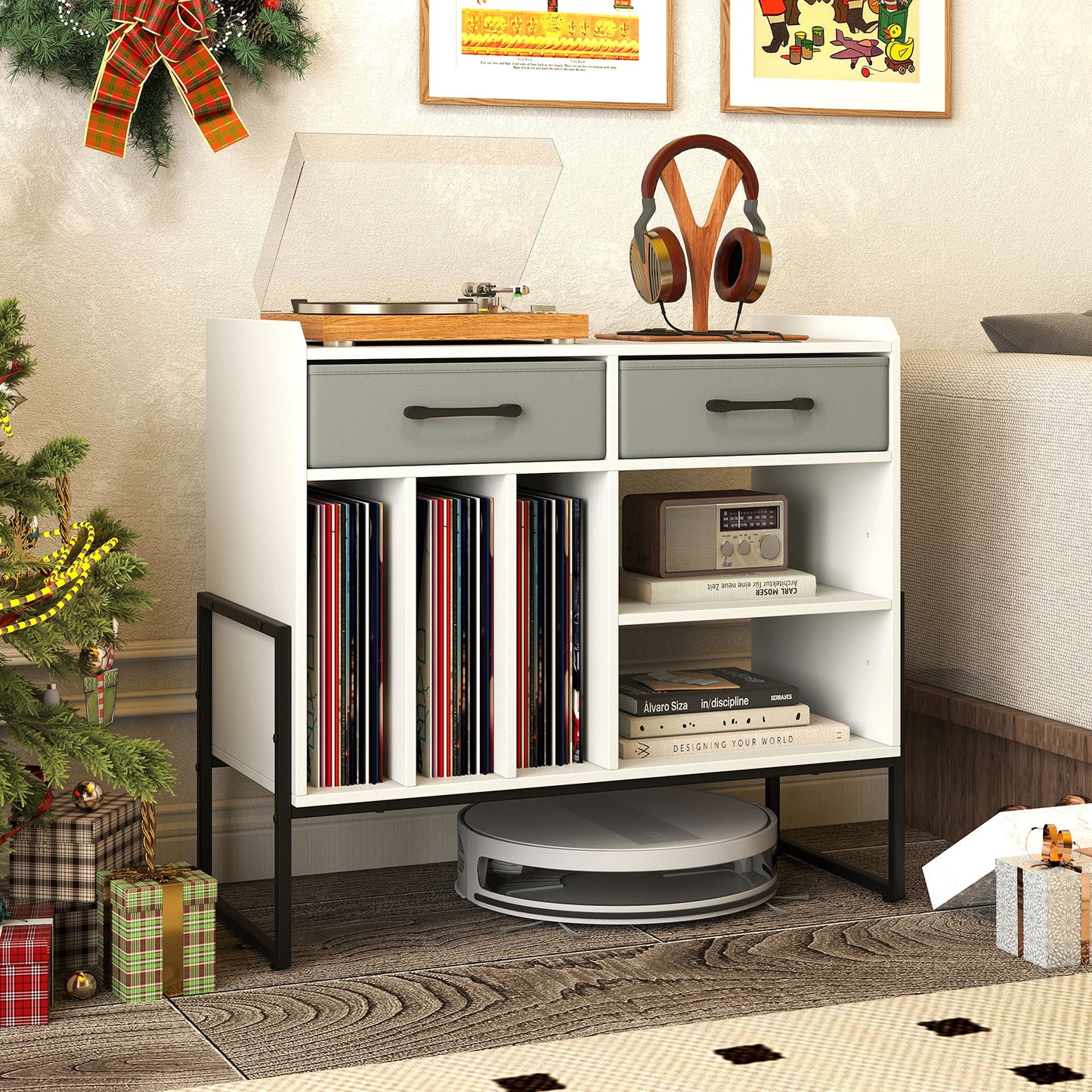Large Record Player Stand with Charging Station Mid Century Modern Vinyl Storage Cabinet, White