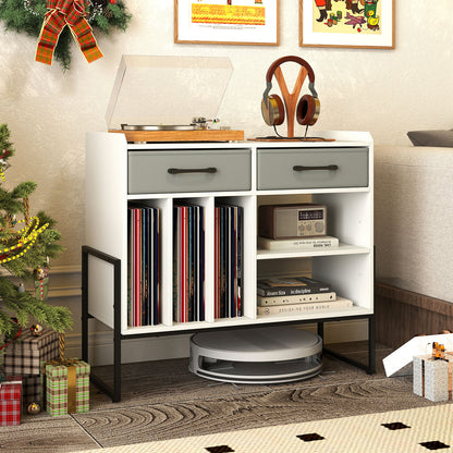 Large Record Player Stand with Charging Station Mid Century Modern Vinyl Storage Cabinet, White
