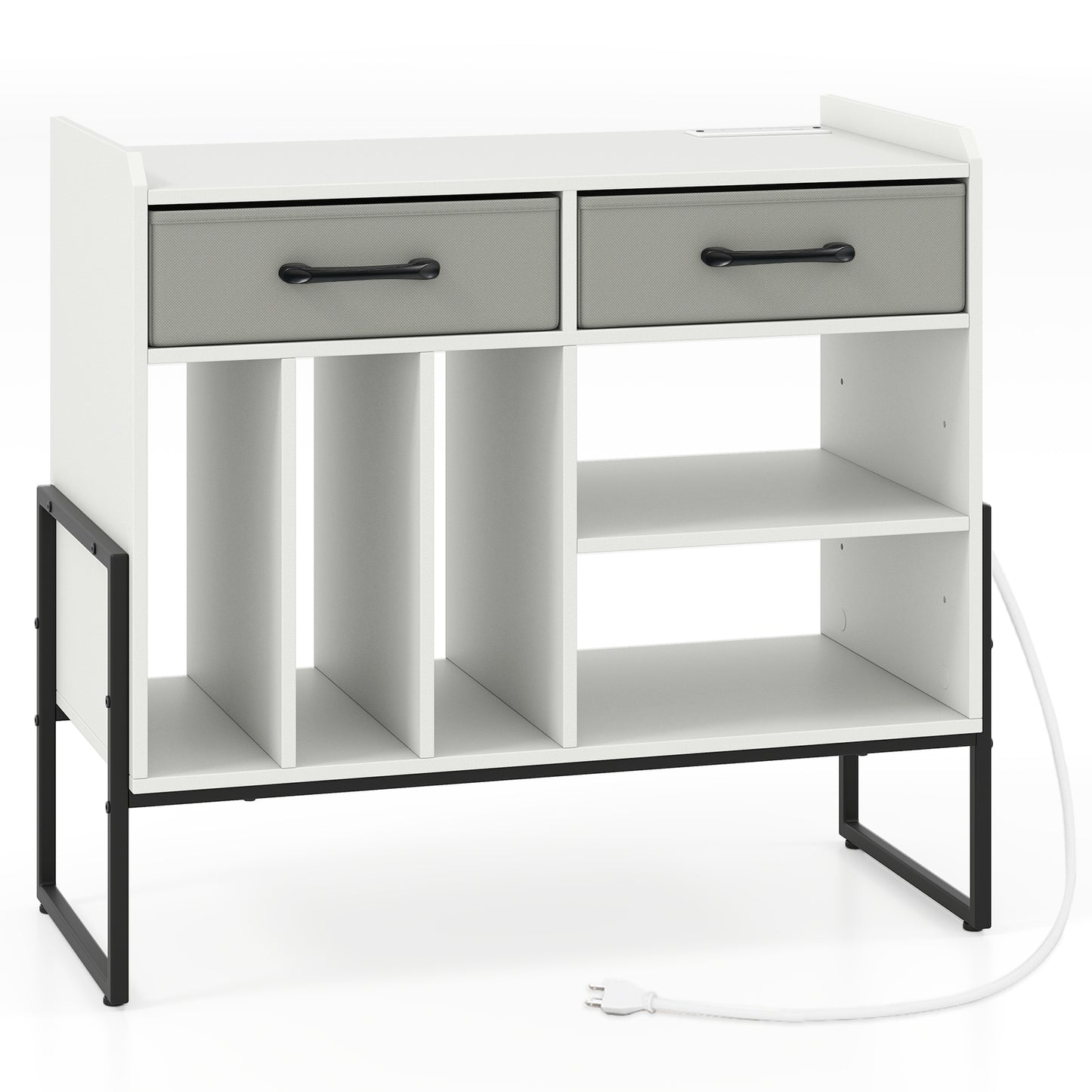 Large Record Player Stand with Charging Station Mid Century Modern Vinyl Storage Cabinet, White