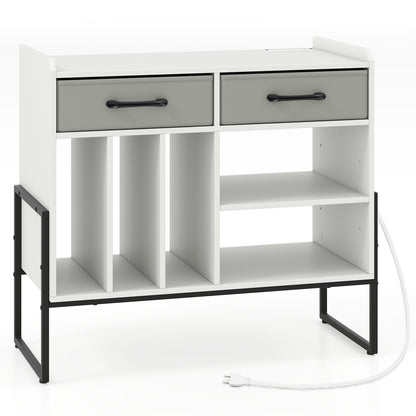 Large Record Player Stand with Charging Station Mid Century Modern Vinyl Storage Cabinet, White