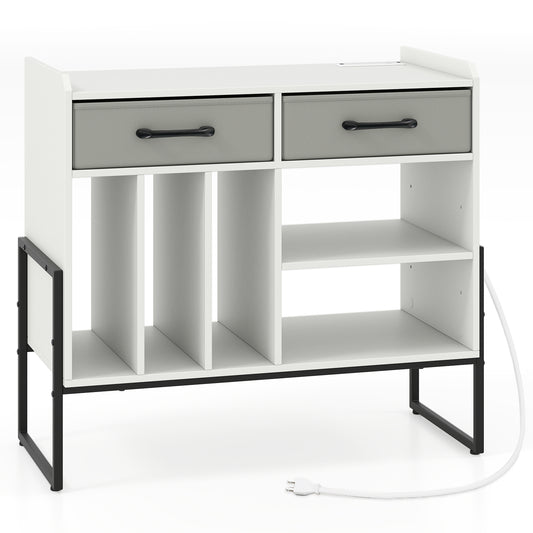 Large Record Player Stand with Charging Station Mid Century Modern Vinyl Storage Cabinet, White