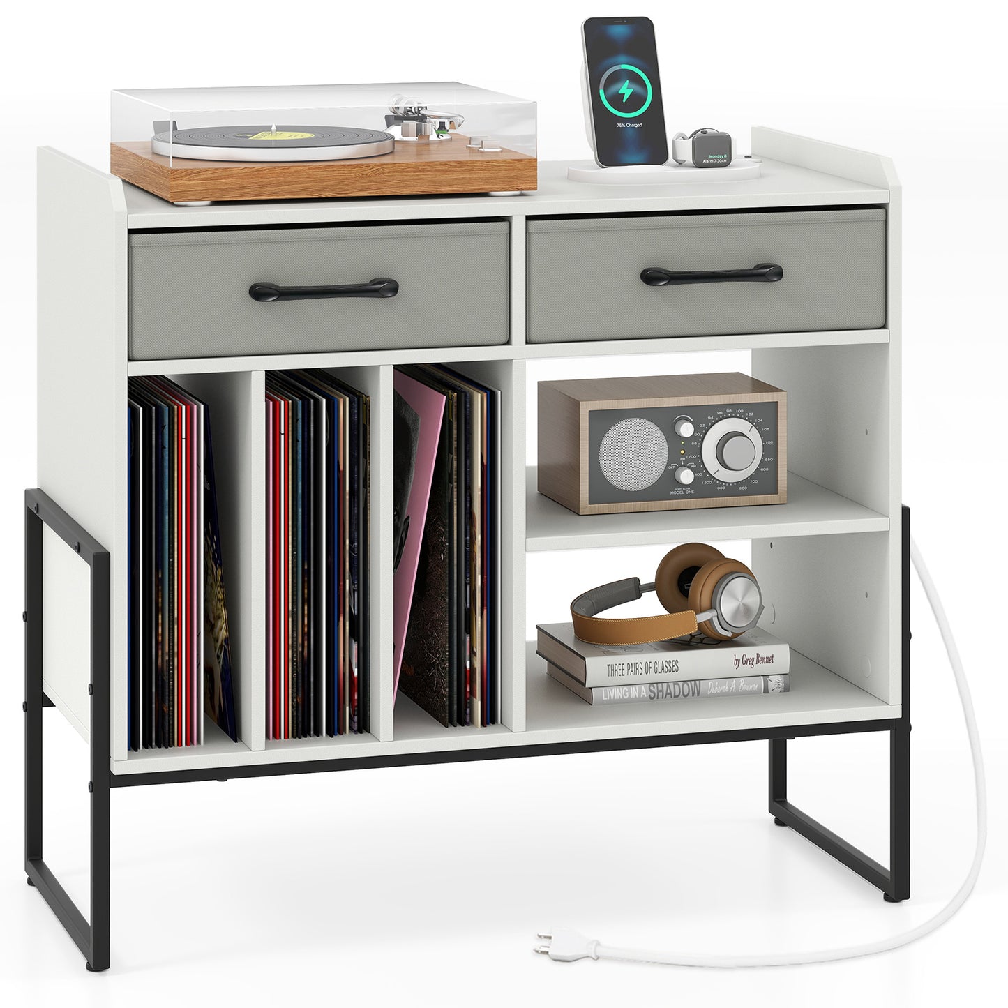 Large Record Player Stand with Charging Station Mid Century Modern Vinyl Storage Cabinet, White