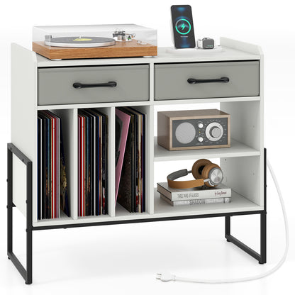 Large Record Player Stand with Charging Station Mid Century Modern Vinyl Storage Cabinet, White