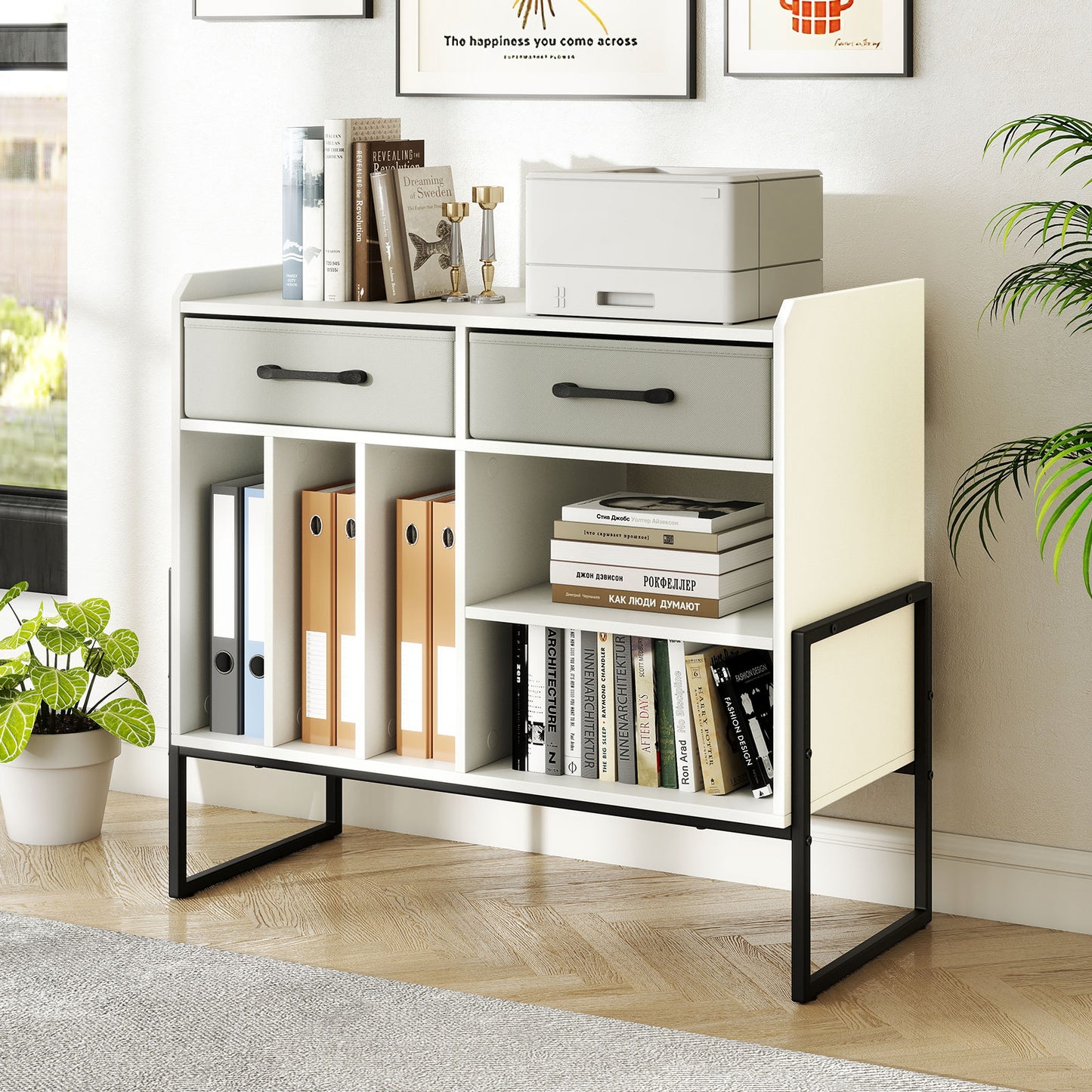 Large Record Player Stand with Charging Station Mid Century Modern Vinyl Storage Cabinet, White