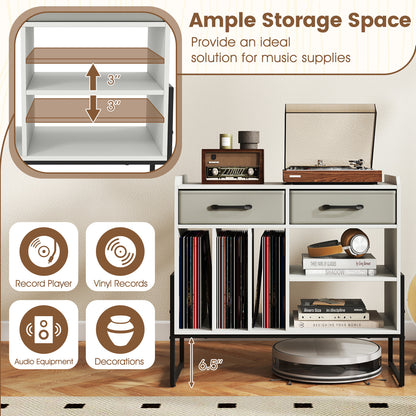 Large Record Player Stand with Charging Station Mid Century Modern Vinyl Storage Cabinet, White