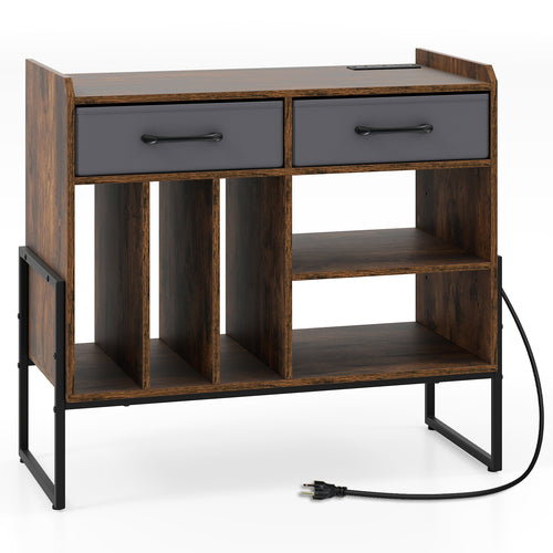 Large Record Player Stand with Charging Station Mid Century Modern Vinyl Storage Cabinet, Rustic Brown