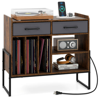 Large Record Player Stand with Charging Station Mid Century Modern Vinyl Storage Cabinet, Rustic Brown End & Side Tables at Gallery Canada