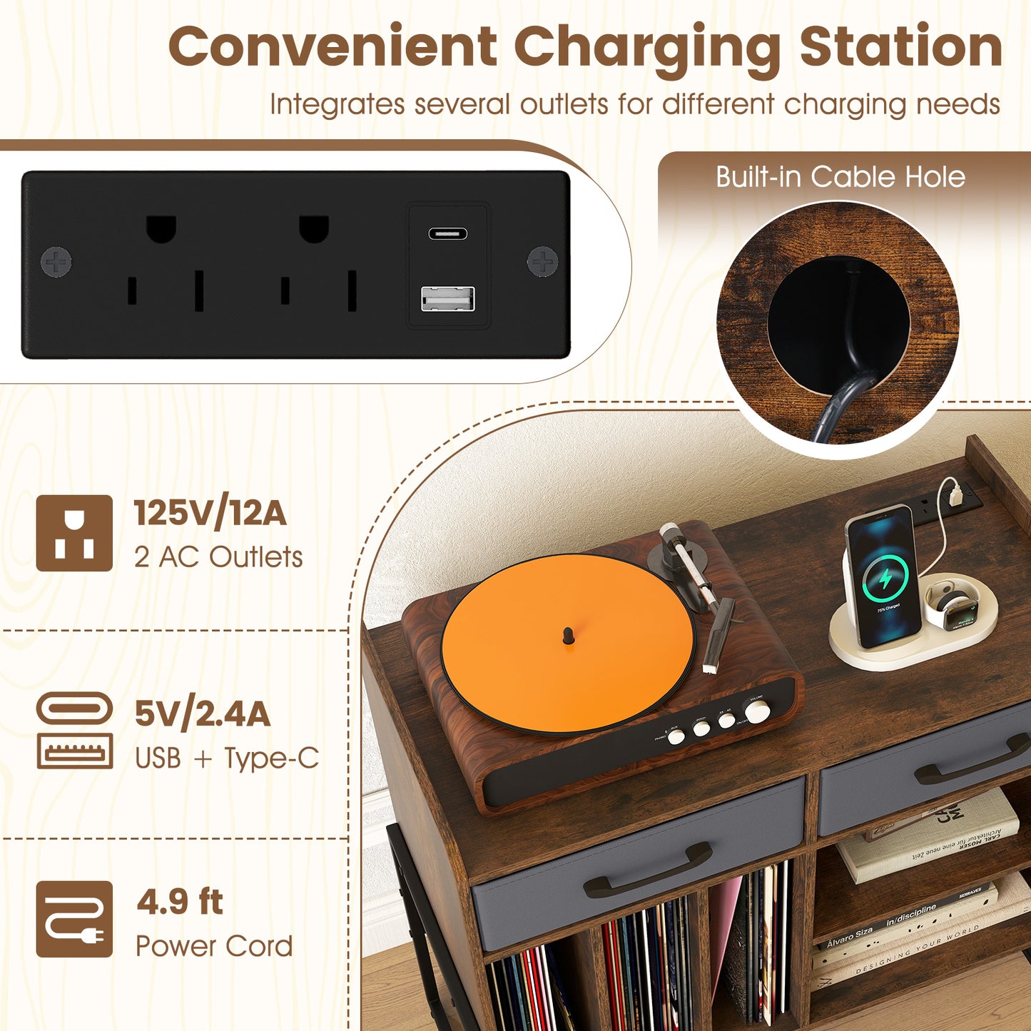 Large Record Player Stand with Charging Station Mid Century Modern Vinyl Storage Cabinet, Rustic Brown End & Side Tables at Gallery Canada
