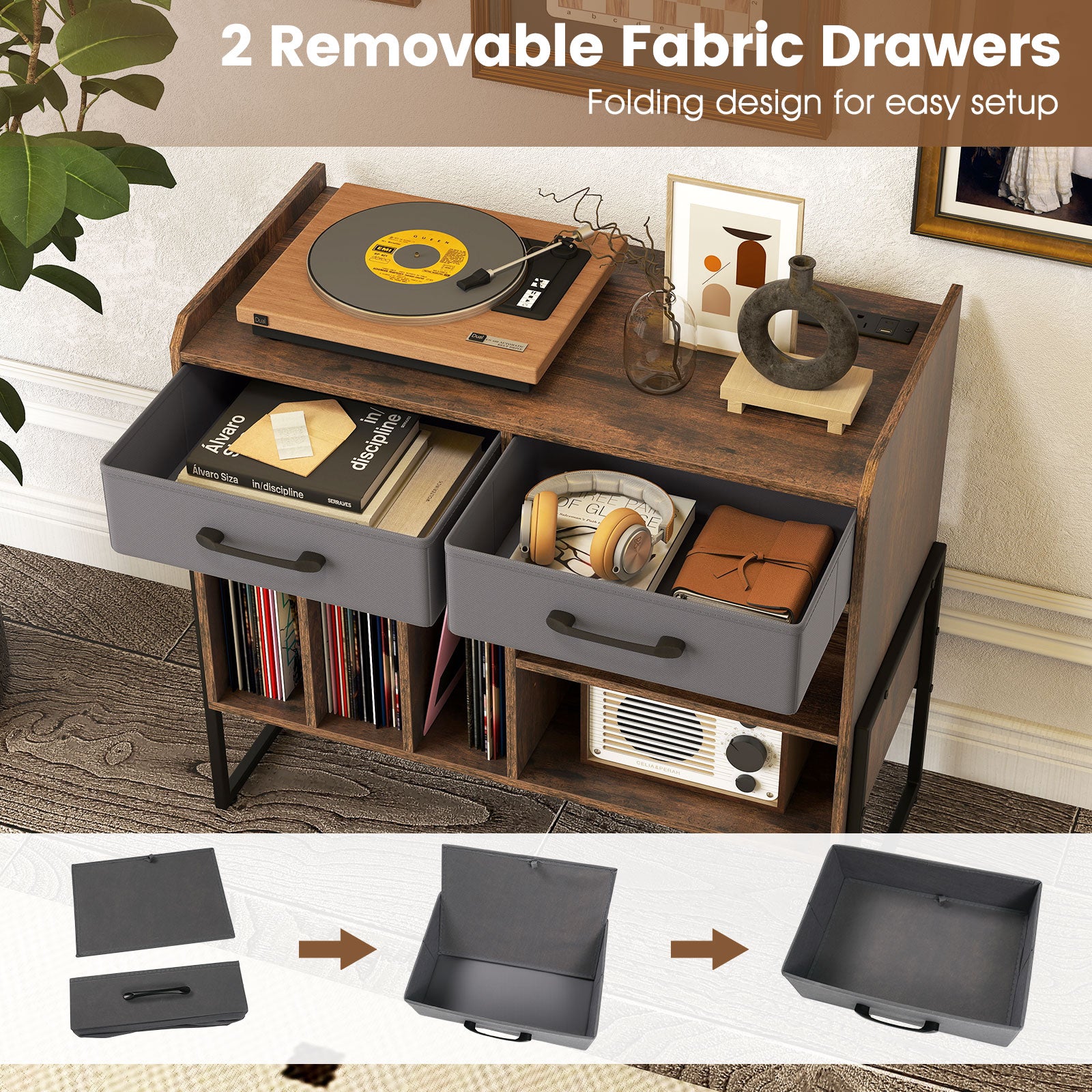 Large Record Player Stand with Charging Station Mid Century Modern Vinyl Storage Cabinet, Rustic Brown End & Side Tables at Gallery Canada