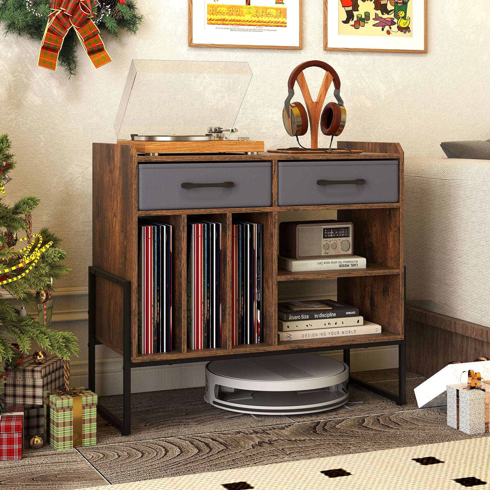 Large Record Player Stand with Charging Station Mid Century Modern Vinyl Storage Cabinet, Rustic Brown End & Side Tables at Gallery Canada
