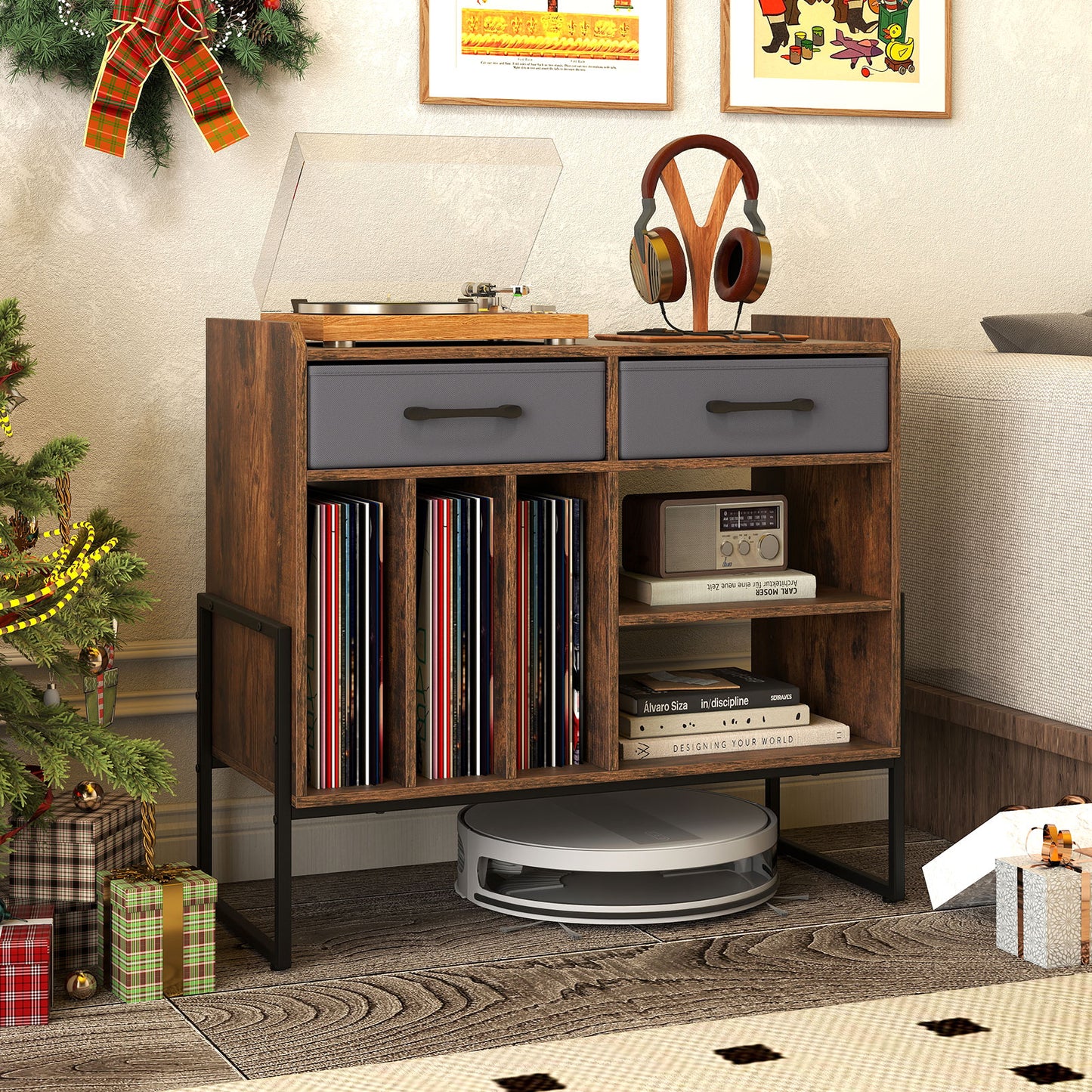 Large Record Player Stand with Charging Station Mid Century Modern Vinyl Storage Cabinet, Rustic Brown End & Side Tables at Gallery Canada