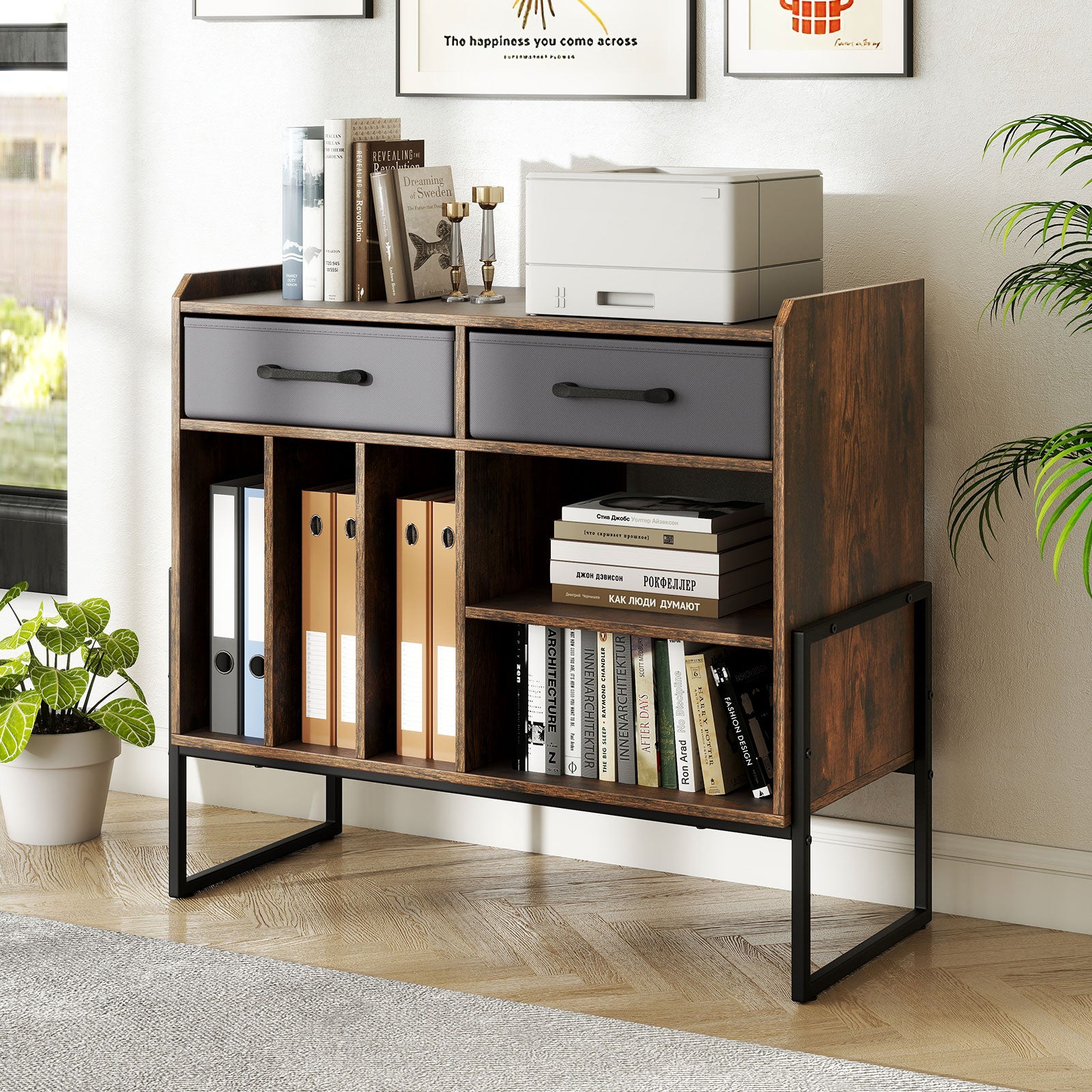 Large Record Player Stand with Charging Station Mid Century Modern Vinyl Storage Cabinet, Rustic Brown End & Side Tables at Gallery Canada