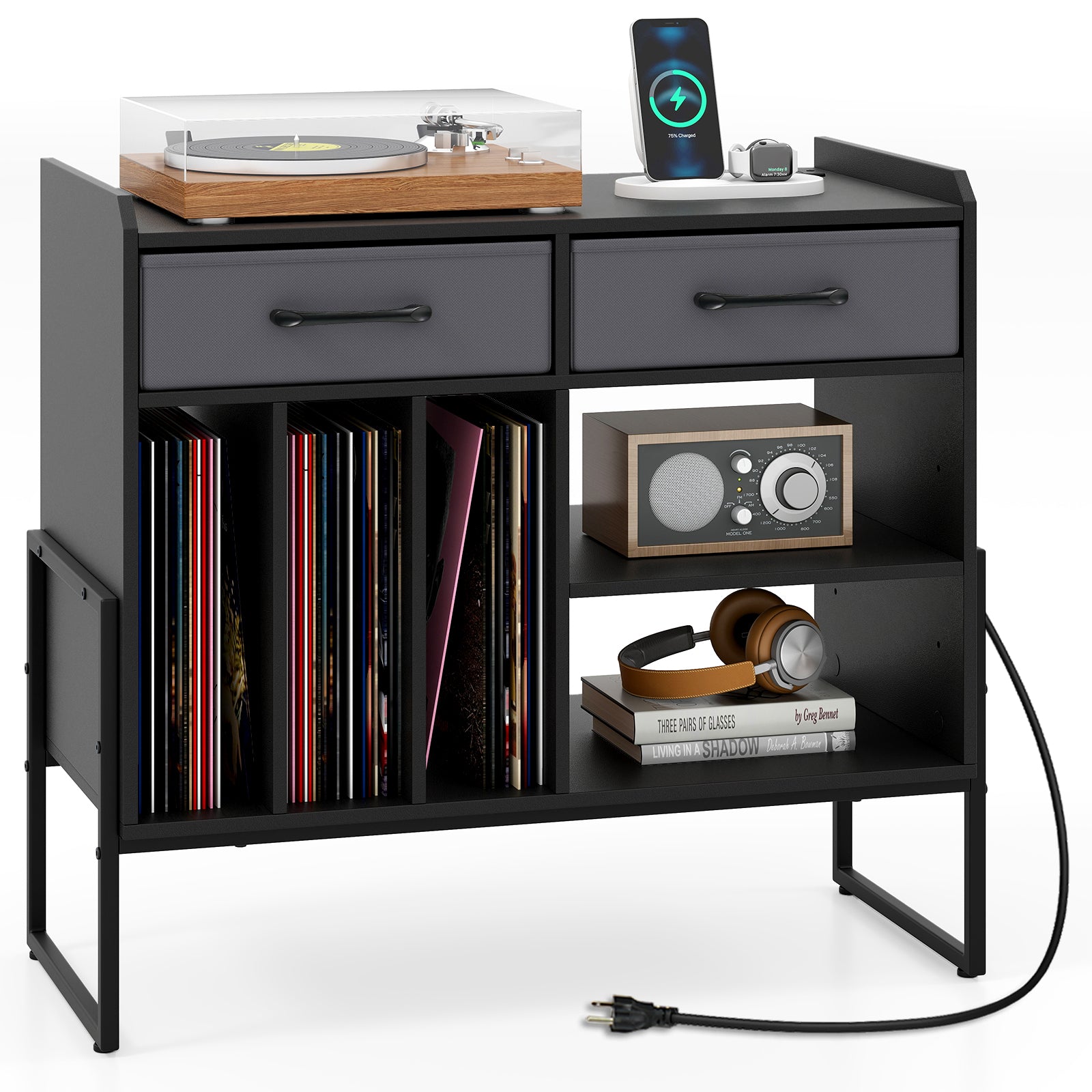 Large Record Player Stand with Charging Station Mid Century Modern Vinyl Storage Cabinet, Black End & Side Tables at Gallery Canada