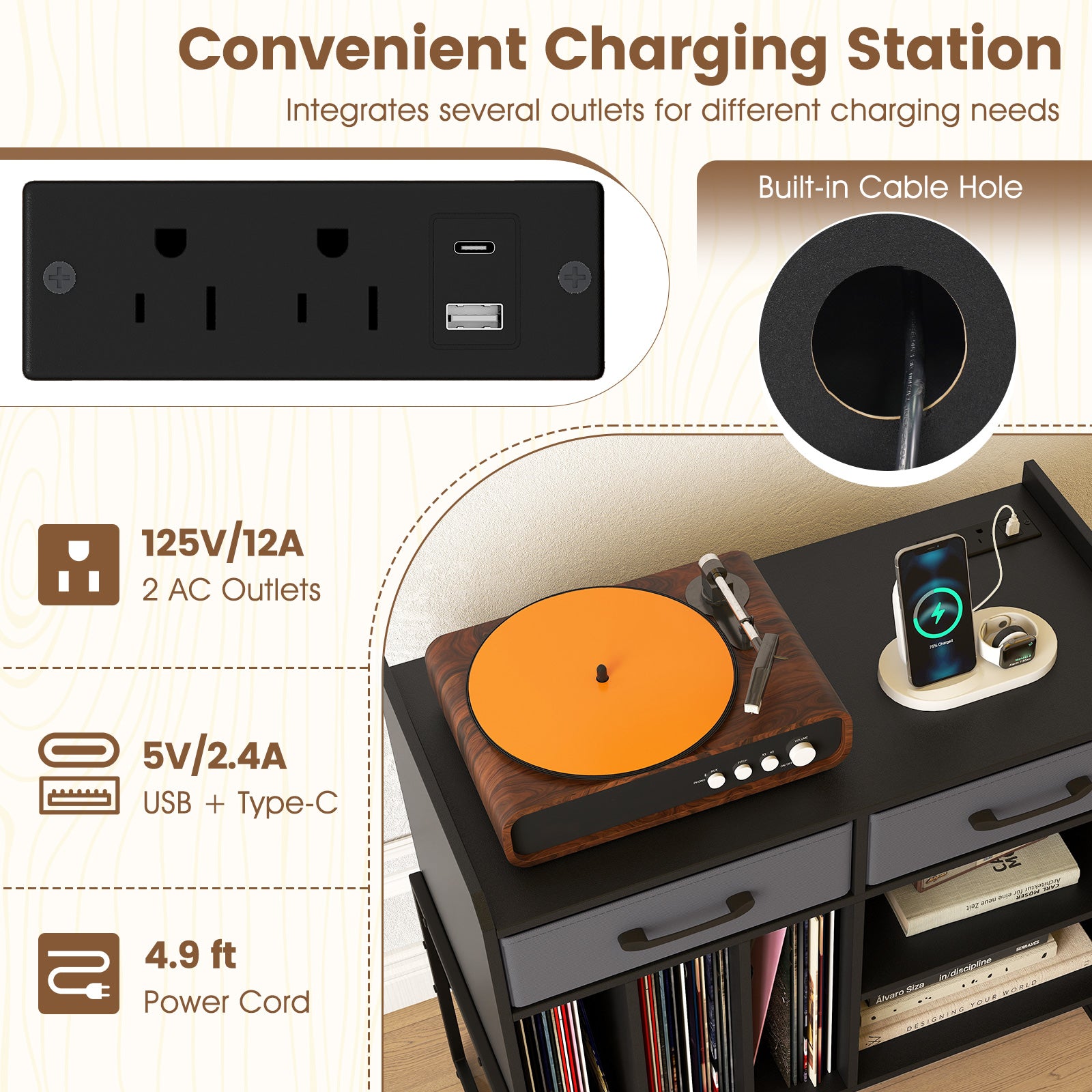 Large Record Player Stand with Charging Station Mid Century Modern Vinyl Storage Cabinet, Black End & Side Tables at Gallery Canada
