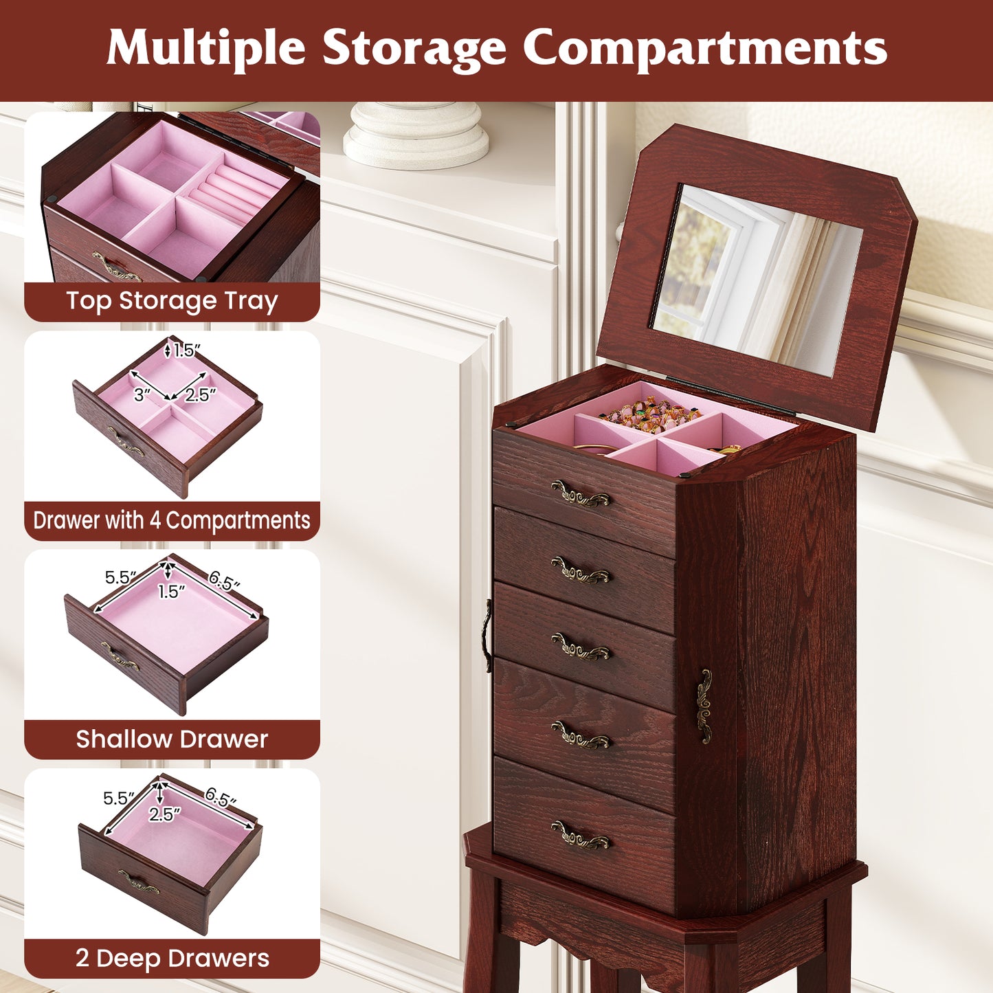 Large Jewelry Cabinet, 5 Drawers, Brown Jewelry Armoires at Gallery Canada