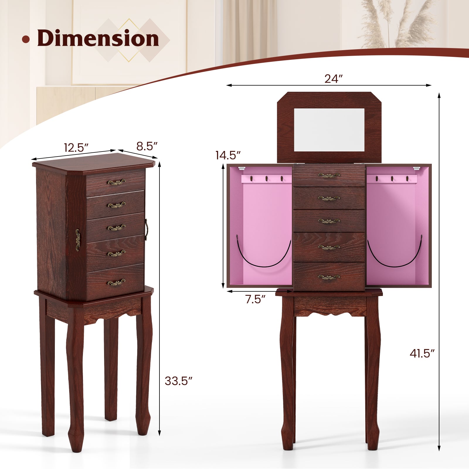 Large Jewelry Cabinet, 5 Drawers, Brown Jewelry Armoires at Gallery Canada