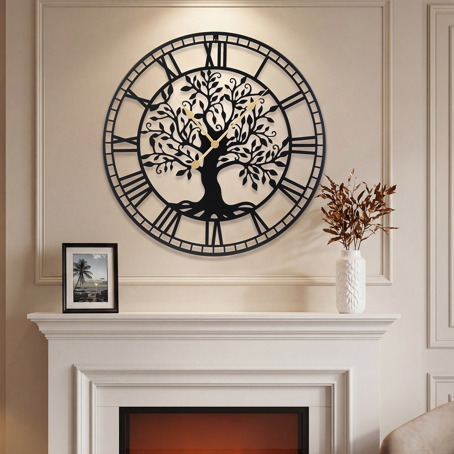 Large 27 Inch Wall Clock, Tree of Life Metal, Black Decorative Accessories at Gallery Canada