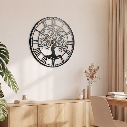 Large 27 Inch Wall Clock, Tree of Life Metal, Black Decorative Accessories at Gallery Canada